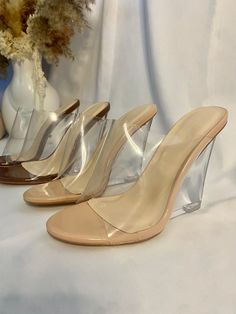 DETAILS -Slip on -Clear Front -Clear Wedge Style Heel Clear Wedges, Block Heel Mule, Shoes Outfit Fashion, Shoes Outfit, Wedges Style, Clear Heels, Transparent Design, Black Wedges, Black Bottoms