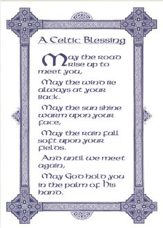 a celtic blessing card with an image of the letter m in blue and white ink