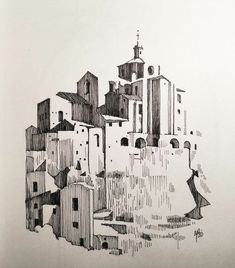 an ink drawing of a city with tall buildings