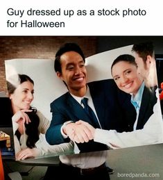 two people are shaking hands in front of a computer screen with the caption guy dressed up as a stock photo for halloween