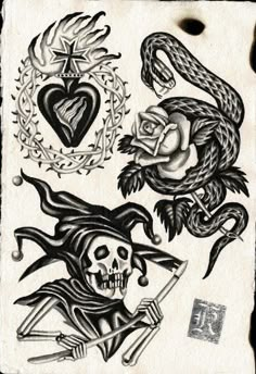 an old school tattoo design with skulls, roses and two winged snakes on the side