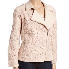 Blush Floral Lace Faux Leather Moto Jacket An intricate floral lace overlay gives a soft feminine touch to this asymmetrical zip-up jacket.  27'' long from high point of shoulder to hem Self: 100% polyurethane Lining: 100% polyester Lace: 100% cotton Wipe clean Imported Live a little  Jackets & Coats Boho Rocker, Soft Feminine, Faux Leather Moto Jacket, Leather Moto, Leather Moto Jacket, High Point, Lace Overlay, Festival Outfit, Moto Jacket