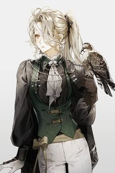 an anime character holding a bird on her arm