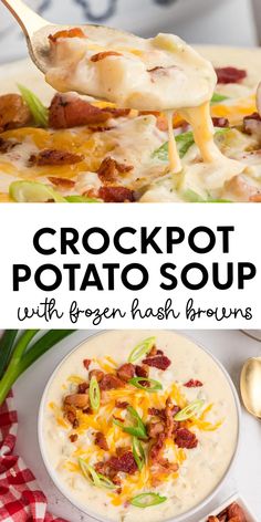 crockpot potato soup with bacon and broccoli in a white bowl on a plate