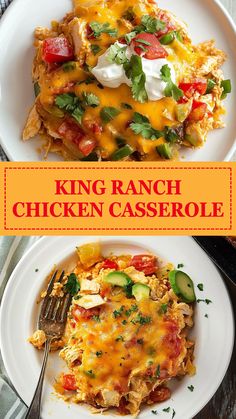 two plates with different types of food and the words king ranch chicken casserole