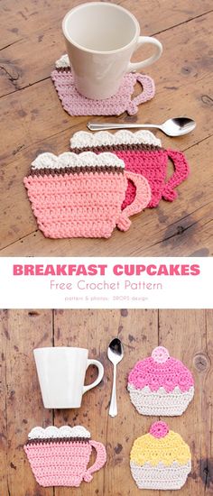 crochet breakfast cupcakes are on the table with spoons and cups