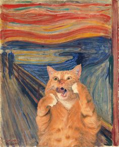 an orange cat sitting on top of a wooden table in front of a scream painting