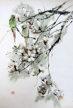 a bird sitting on top of a tree branch with white flowers in it's branches