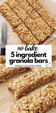 no bake granola bars on a cutting board with text overlay that reads, no bake 5 ingredient granola bars vegan gluten free