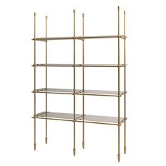 a gold shelf with three shelves on each side