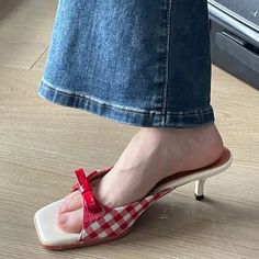 LBSFY - Designer Butterfly-knot Women Open Toe Slippers Fashion Elegant Low Heel Slides Summer Ladies Outdoor Party Dress Shoes Summer Heels With Bow And Square Toe, Red Heels With Bow For Spring, Spring Heels With Red Bow, Outdoor Party Dress, Summer Wear For Women, Plaid Shoes, Summer High Heels, Toe Slippers, Bow Women