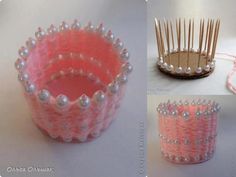 three different views of a pink and white hair comb with pearls on the sides, along with two pictures of other items