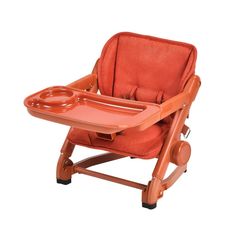 an orange baby high chair with wheels on the bottom and seat up to it's side