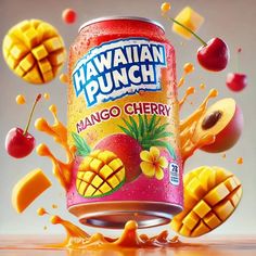 a can of hawaiian punch with mango and cherry splashing out of it, surrounded by other fruit