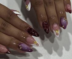 Astrology Nail Designs, Almond Nail Inspo 2024, 777 Nails, Mismatched Nail Art, Earthy Nails Acrylic, Dubai Nails, Ethereal Nails, Maximalist Nails, Heavenly Nails