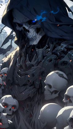 a skeleton is surrounded by skulls in front of a sky with white clouds and red eyes