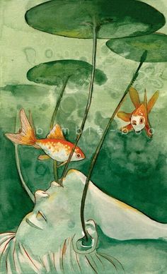 a painting of two goldfish swimming in water with lily pads on the bottom and above them