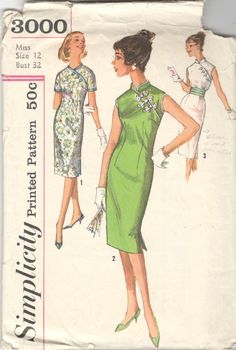 Simplicity 3000, Junior or Misses Dress and Cummerbund: Dress has a diagonal opening at the upper left front and opening at the lower edge of the side seams. V. 1 has short set-in sleeves and contrast binding. V. 2 and 3 have mandarin collar and contrast corded piping. V. 2 is fastened with purchased frogs. V. 3 contrast pleated cummerbund matches piping. Size: 12 Bust: 32 Waist: 25 Hip: 34 This pattern is uncut and complete although no longer factory folded. The envelope is tattered. OT Size: 1 Retro Fitted Sewing Pattern For Dressmaking, Asian Style Dress, Patron Vintage, Womens Clothing Patterns, Sixties Fashion, Dress Making Patterns, Simplicity Sewing, Simplicity Sewing Patterns, Sewing Pattern Sizes