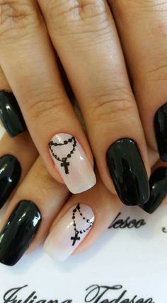 Black Nails With Cross Design, Christian Nails Designs, Nails With Cross Design, Christian Nail Art, Cross Nail Art, Cross Nails, Unghie Nail Art, French Manicure Nails, Thanksgiving Nails