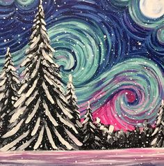 a painting of snow covered trees and the night sky