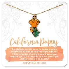 The Golden State lives up to its name when blanketed in fields of bright orange poppies! A 'lil reminder of spring & new beginnings, whether you call California home or you're just visiting to take in its beauty! DETAILS Small and dainty charm which is about 1" tall Gold and Silver Plated Metal Charm 18" Sterling Silver/Gold Plated Sterling Silver Chain GIFTING You can include a Gift Note when you Add to Cart just don't forget to say who it's from! =) Each piece is packaged in a Jewelry Box. Inv Orange Necklace For Spring Gift, Orange Necklace For Spring Season Gift, Orange Poppies, Poppy Necklace, Orange Poppy, California Poppy, California Homes, Metal Charm, Golden State