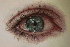 an eye is shown with tears on the iris and part of it's eyelashes