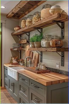 a kitchen filled with lots of wooden shelves