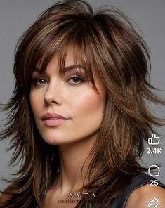 Womens Layered Haircut Medium With Bangs, Women’s Medium Haircut, Updos With Bangs, Women’s Shaggy Haircuts, Women’s Long Hair Shag, Shag With Piece-y Bangs, Long Hair Styles For 50+ Women With Bangs