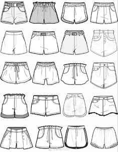 the different types of shorts are shown in black and white