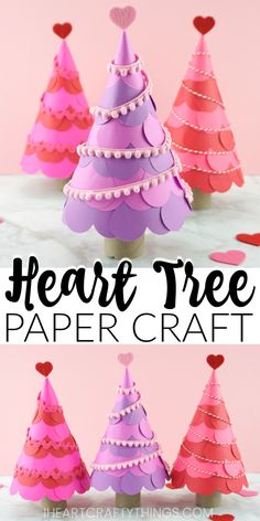 paper christmas trees with hearts on them and the words, heart tree paper craft above it