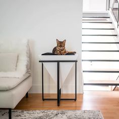 a cat sitting on top of a white table next to a stair case in a living room