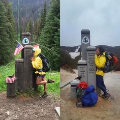 two pictures one with backpacks, the other with flowers and an american flag on it