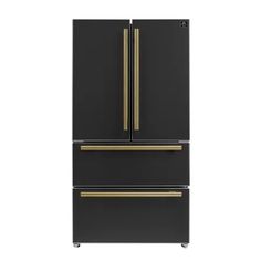 a black refrigerator freezer with gold trimmings on the doors and bottom drawer