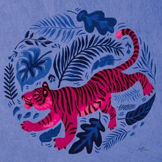 a painting of a tiger in the middle of leaves and plants on a blue background