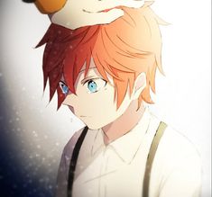 an anime character with red hair and blue eyes is standing next to another character in the background