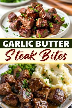 garlic butter steak bites on a plate with mashed potatoes