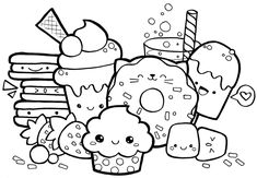 a coloring page with donuts, ice cream and cupcakes in black and white