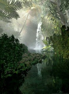 an image of a waterfall in the middle of some trees and water with mist coming from it