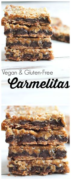 vegan and gluten - free caramelita bars stacked on top of each other