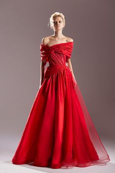 Off shoulder draped waistline voluminous dress - HerTrove Velvet Haute Couture, Voluminous Dress, Red Runway, Runway Gowns, Silver Embroidery, Taffeta Dress, Dress Fitted, Flowy Skirt, Orange Dress