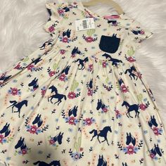 Horse Print Dress - Nwt Size 4t Eyelet Pocket Detail Smoke Free / Pet Free Home Casual Short Sleeve Twirl Dress For Dress-up, White Casual Twirl Dress For Spring, White Fitted Twirl Dress Casual Style, Casual Fitted Twirl Dress For Dress-up, Fitted Casual Twirl Dress For Dress-up, Horse Print Dress, Black Holiday Dress, Tartan Plaid Dress, Horse Dress