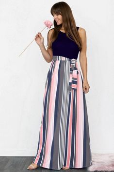 Navy Sleeveless Pink Stripe Sash Maxi Dress_Plus Navy Dress Outfits, Luxurious Dress, Luxurious Dresses, Maxi Outfits, Pink Skirt, Boho Maxi Dress, Navy Dress, Pink Outfit, Long Maxi