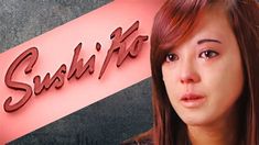 a woman with red hair standing in front of a sign that says sushiki