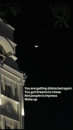 a clock tower with the moon in the sky above it and a quote written below