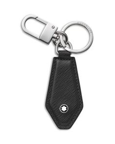 a black leather keychain with a white logo on it