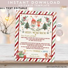 the printable christmas elf letter is shown in red, green and white striped paper