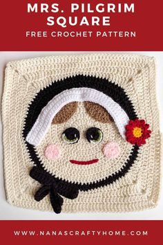 a crocheted square with a smiling face on it and the words mrs pilgrim square written