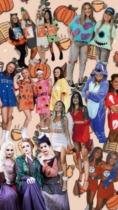 the collage shows many different people dressed up in costumes and posing for pictures with pumpkins on them