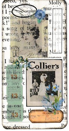 an altered collage with blue flowers and pictures on it's side, including the words collager's