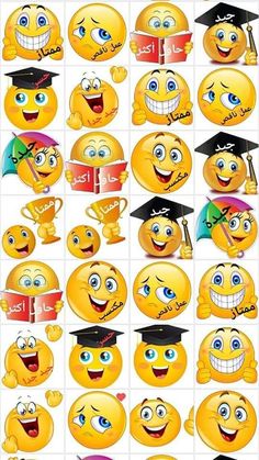 many different smiley faces with graduation hats